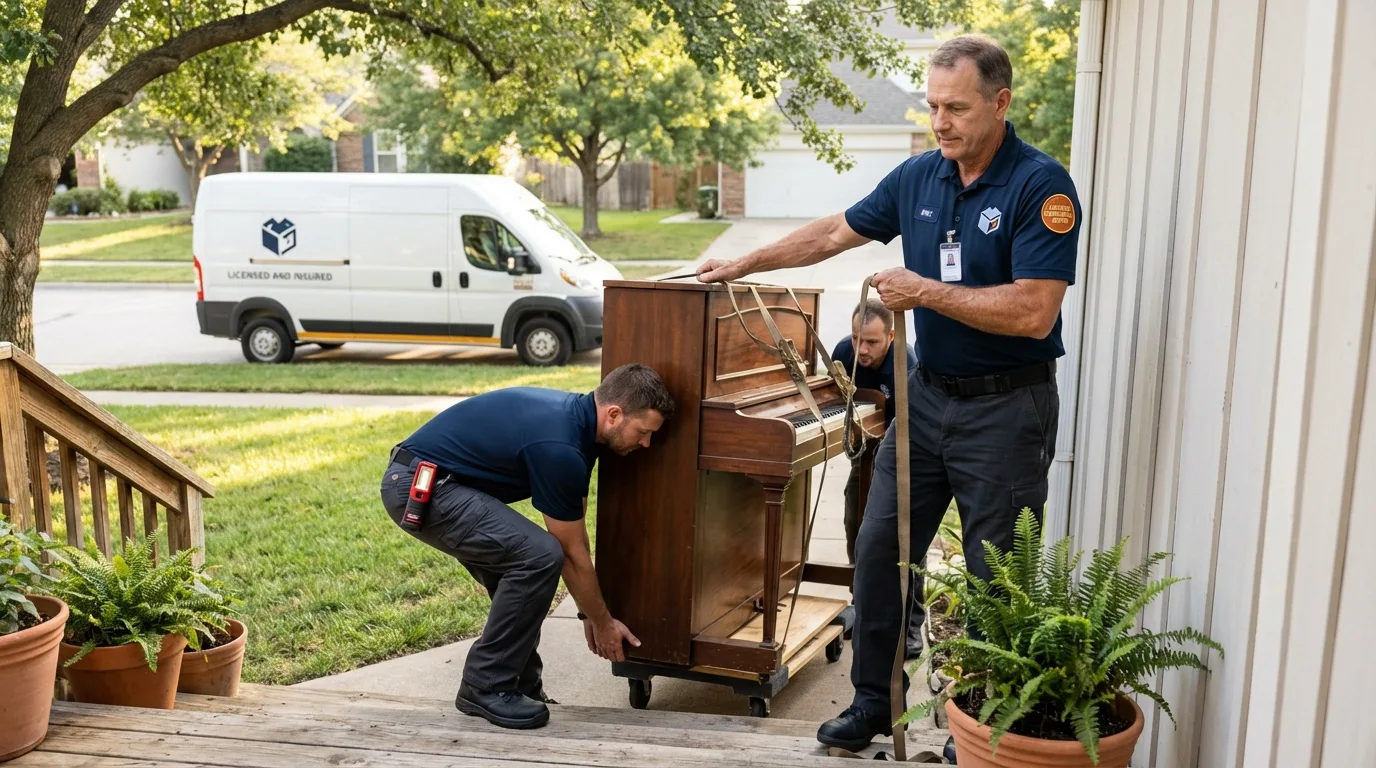 Licensed piano movers securing grand piano in Bloomsburg, PA