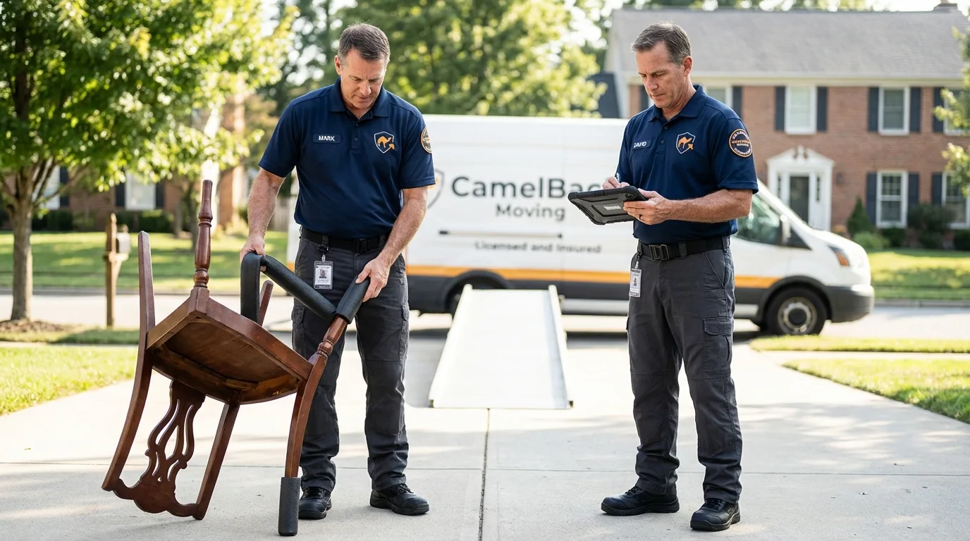 Movers inspecting furniture for damage prevention before loading in Bloomsburg, PA