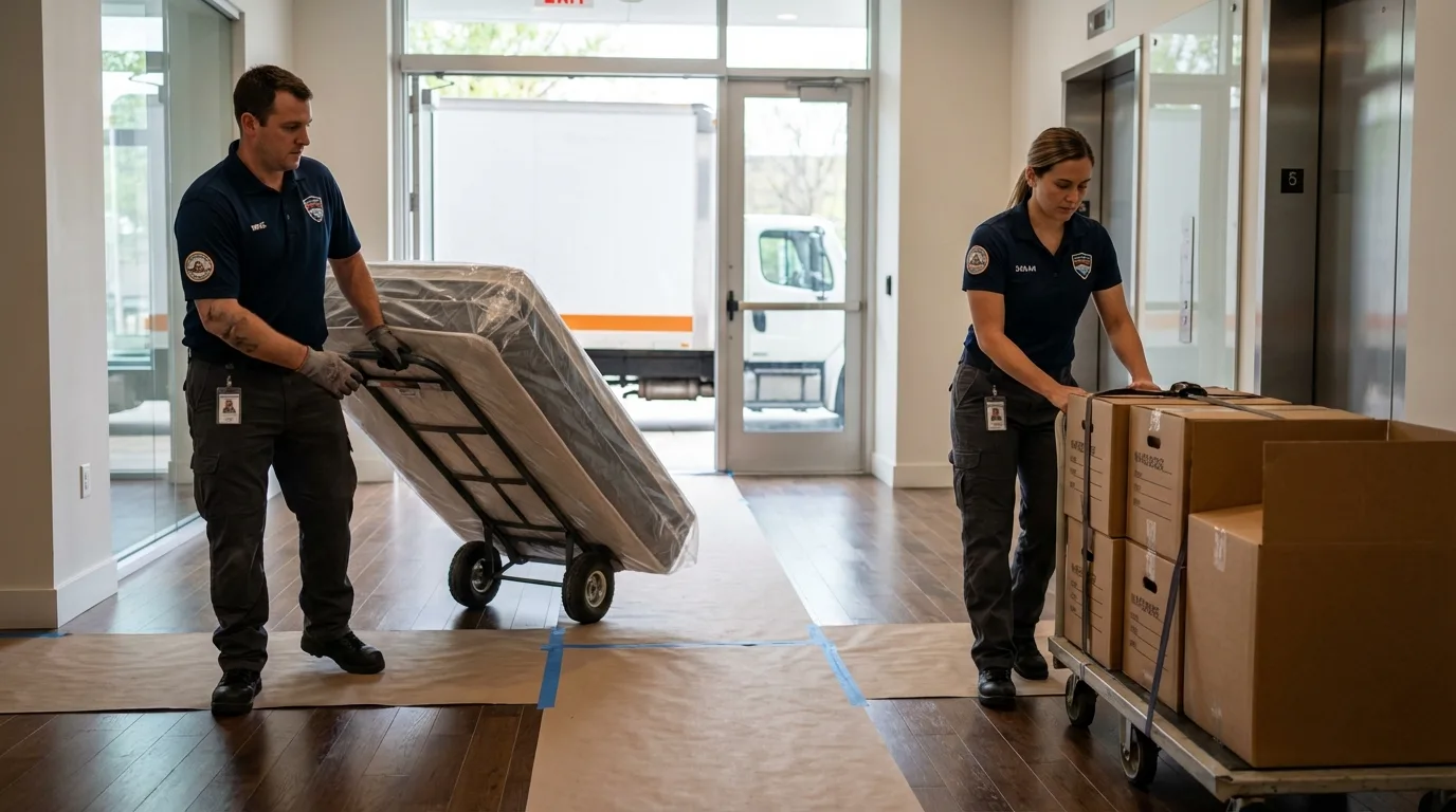 Professional apartment movers loading elevator in Bloomsburg, PA