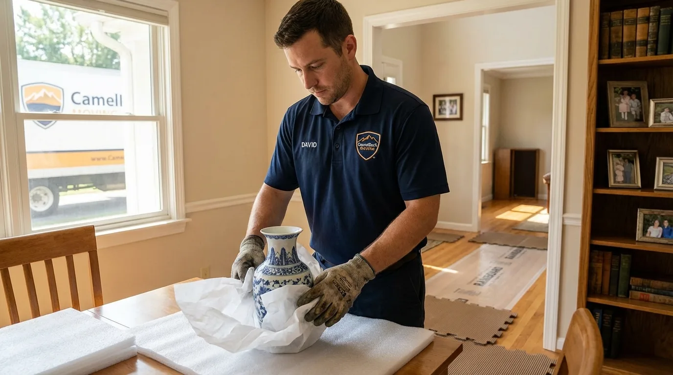 Professional crew carefully wrapping antique vase for senior downsizing move in Bloomsburg, PA